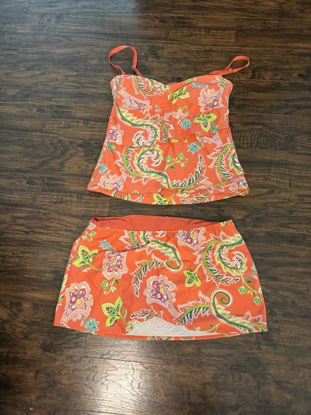 Athena Orange Floral Tankini And Skirted Bottom Swimsuit Sz:14